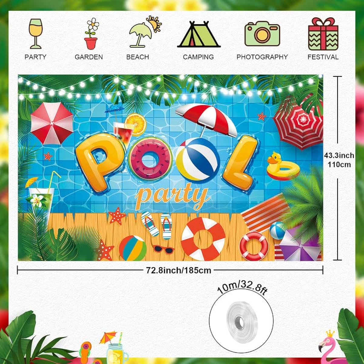 Woyamay Pool Party Backdrop 72.8 x 43.3 Inch Beach Background Pool Party Decorations Hawaiian Party Decorations Pool Party Banner Summer Party Decorations Pool Supplies Indoor/Outdoor