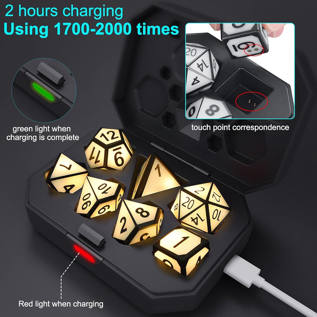 HTPOW Light Up DND Dice Set of 7 USB Rechargeable Role Playing Dice with Charging Box, Shake to Light LED Dice for Dungeons & Dragons Role Playing Tabletop Games
