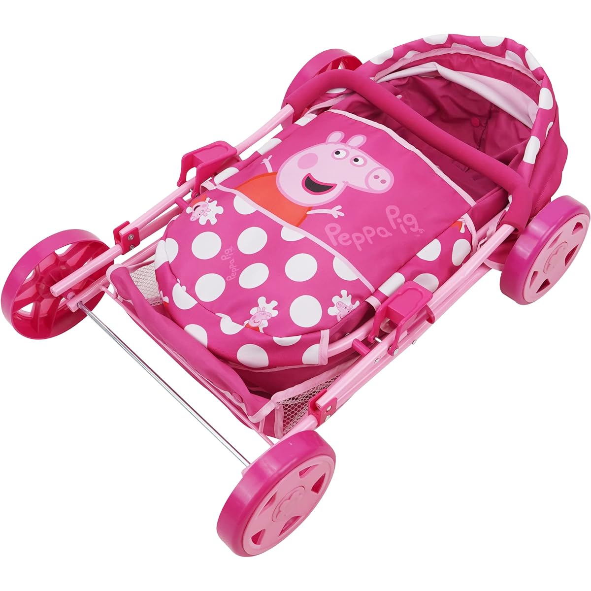 Peppa Pig: Baby Classic Doll Stroller Set - Pink & White Dots - 7 Piece Set Fits up to 18 Inch Dolls, Includes Retractable Canopy, Storage Basket, Diaper Bag & 5 Feeding Accessories, Ages 3+