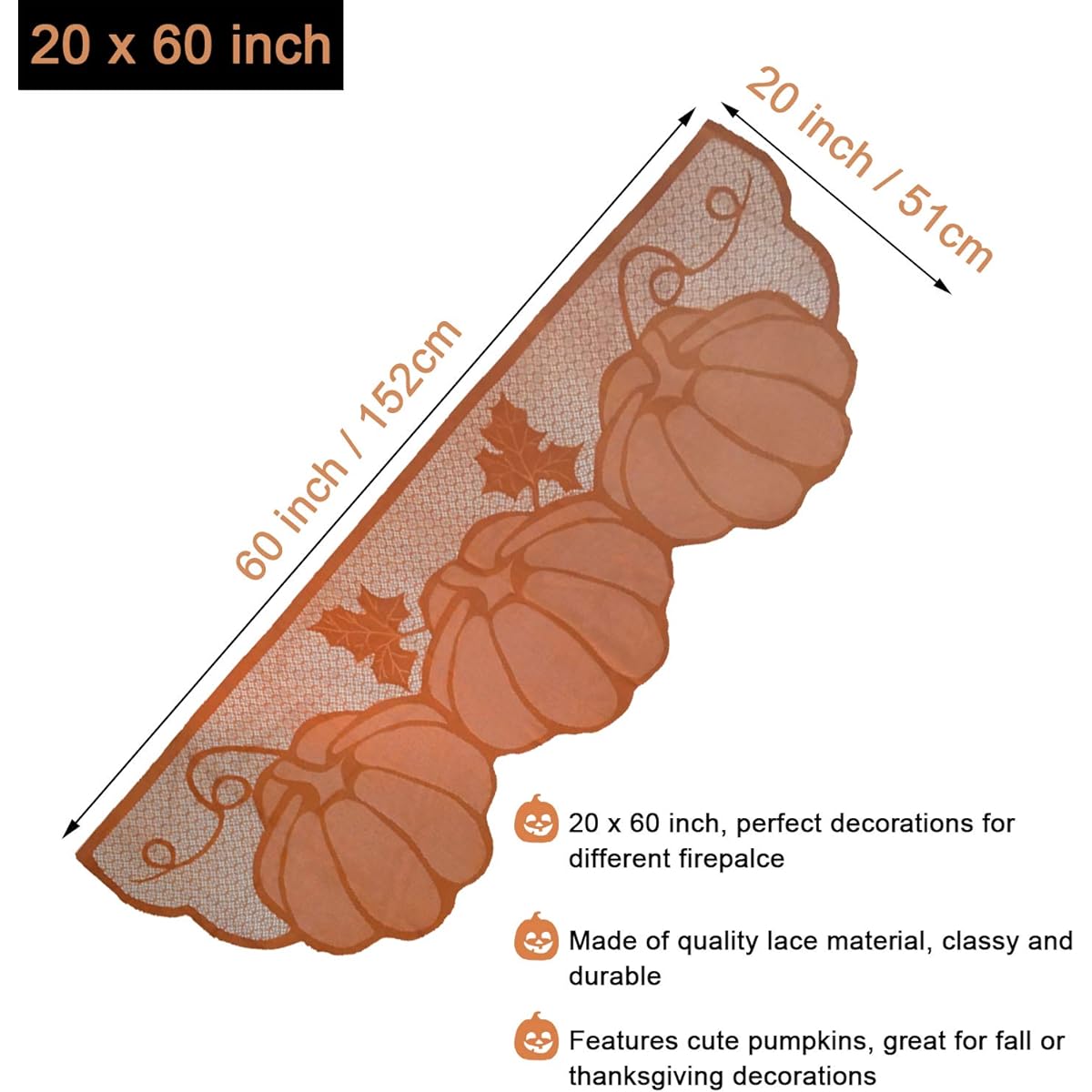 Thanksgiving Mantle Scarf for Fireplace Decoration - Lace Mantel Cover Runner Fall Home Living Room - Fall Harvest Maple Leaf Pumpkin Decorations Indoor