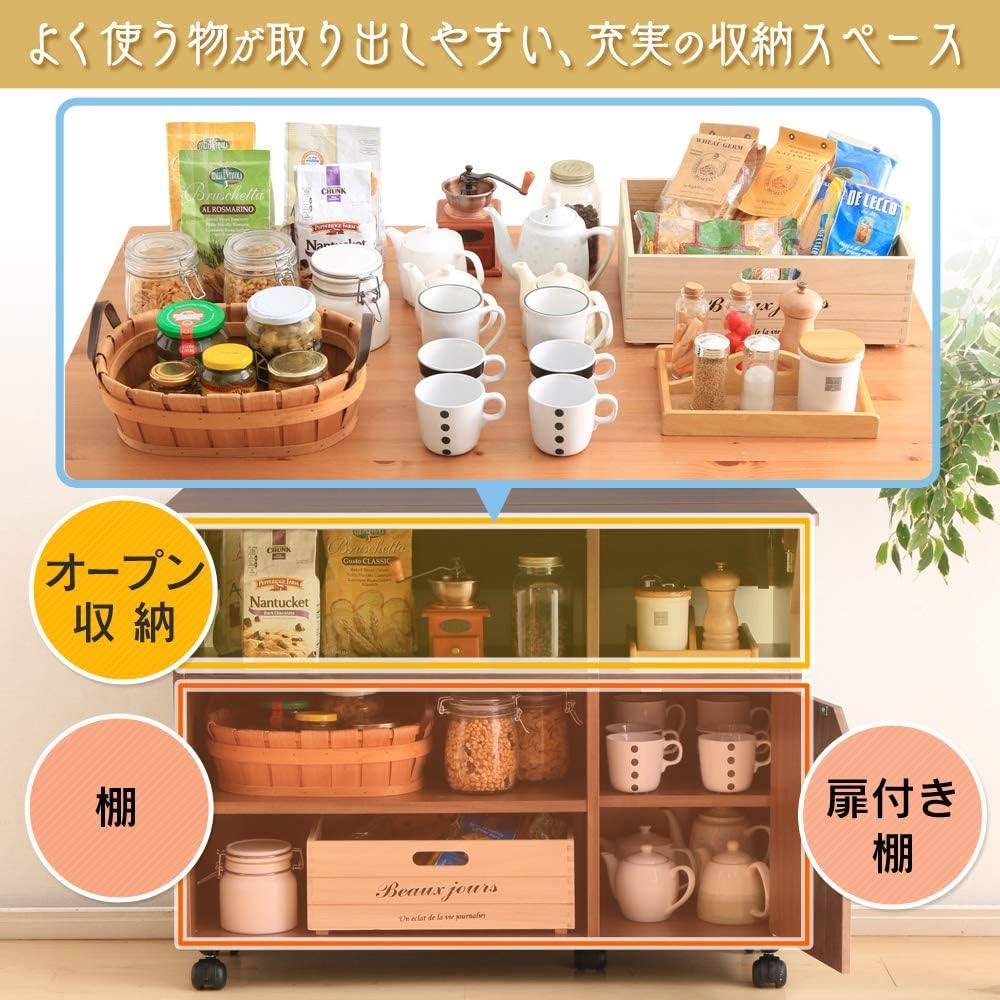 IRIS OHYAMA Kitchen Counter Computer Desk Storage Kitchen Wagon Beach/White Width 90cm Comes with Double Doors Butterfly Table that Can Be Opened and Closed