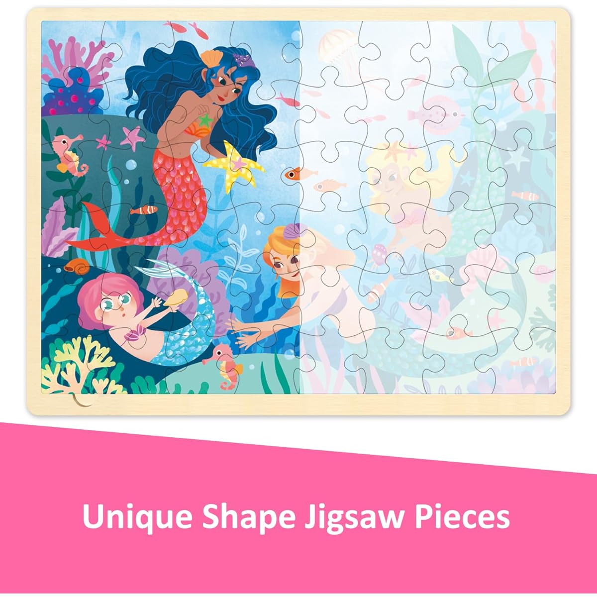 MoinKidz 48 Piece Puzzle for Kids Ages 3-5, Fun Mermaid Wooden Jigsaw Puzzle for Ages 3 with Unique Puzzle Pieces, Preschool Puzzles for Ages 4-8 with Puzzle Tray