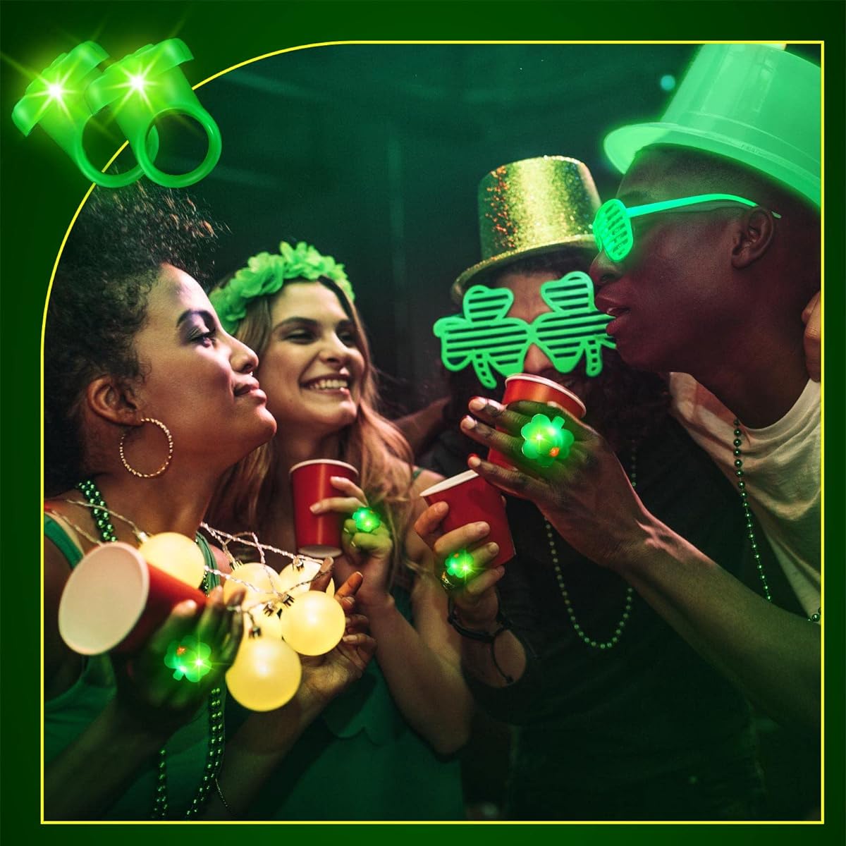 100 Pack LED Light Up Rings St. Patrick's Day Green Shamrock Flashing LED Light Up Rings St. Patrick Party Accessories Colorful Bumpy Jelly Rubber Rings Glow in the Dark Party Favors Gifts