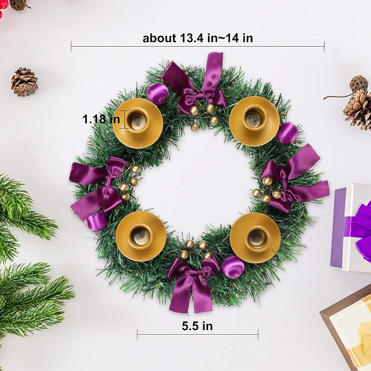 MorTime Christmas Advent Wreath, 14" Purple Ribbon Christmas Wreath Advent Ring Candle Holder Christmas Centerpiece Decoration with Glitter Berries Winter Holiday Home Decor