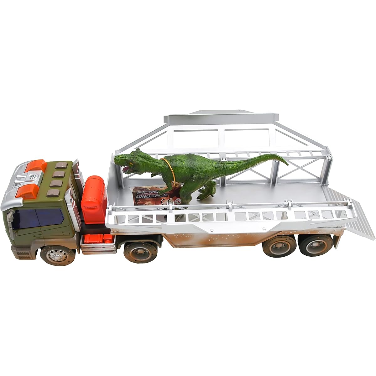 Sunny Days Entertainment Maxx Action Long Distance Dinosaur Transport Truck & Trailer 3 Piece Vehicle Toy for Kids with Lights, Sounds and Friction Motors