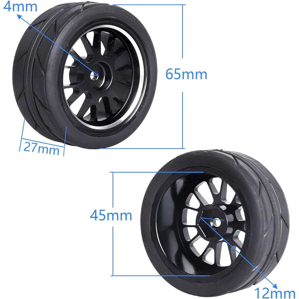 AllinRC Glued-down Aluminum 12mm Hex RC Wheels and Tires OD 2.55" for 1/10 On-Road Touring Car RC Drift Car Set of 4 (Edition C)