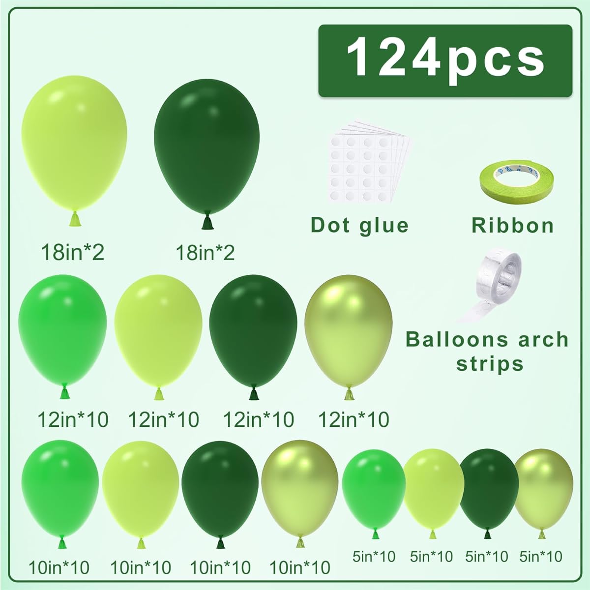 NISOCY 124pcs Different Green Balloon Arch Garland Kit 18inch 12inch 10inch 5inch Matte Lime Green Dark Green Metallic Green Balloon Arch for Engagement Wedding Birthday Baby Shower Party Decorations