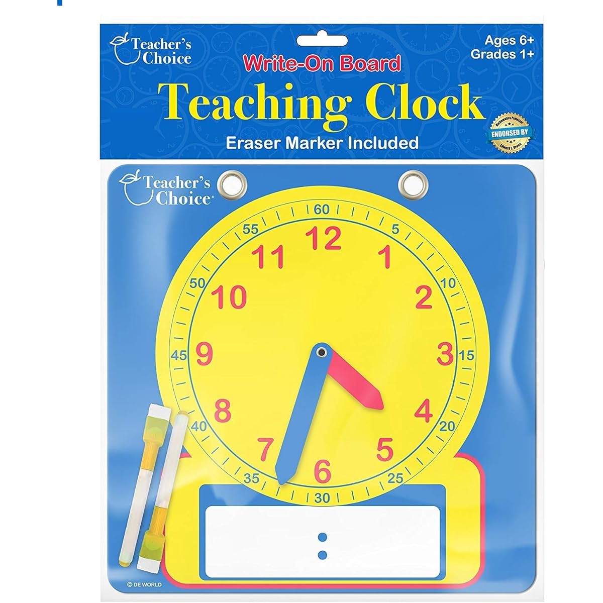 Educational Teaching Clock | Time to teach with erasable writing surface, Yellow, NCS8-1038