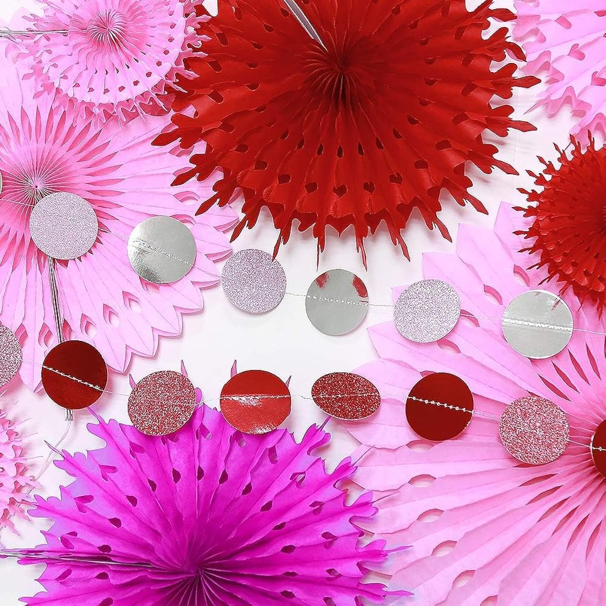 Decor365 Rose Red Pink Paper Decoration Set Fan Glitter Circle Polka Dot Garland Bunting Banner Backdrop Girls Party Birthday Wedding Bridal Shower Bachelorette Home Shop Office School