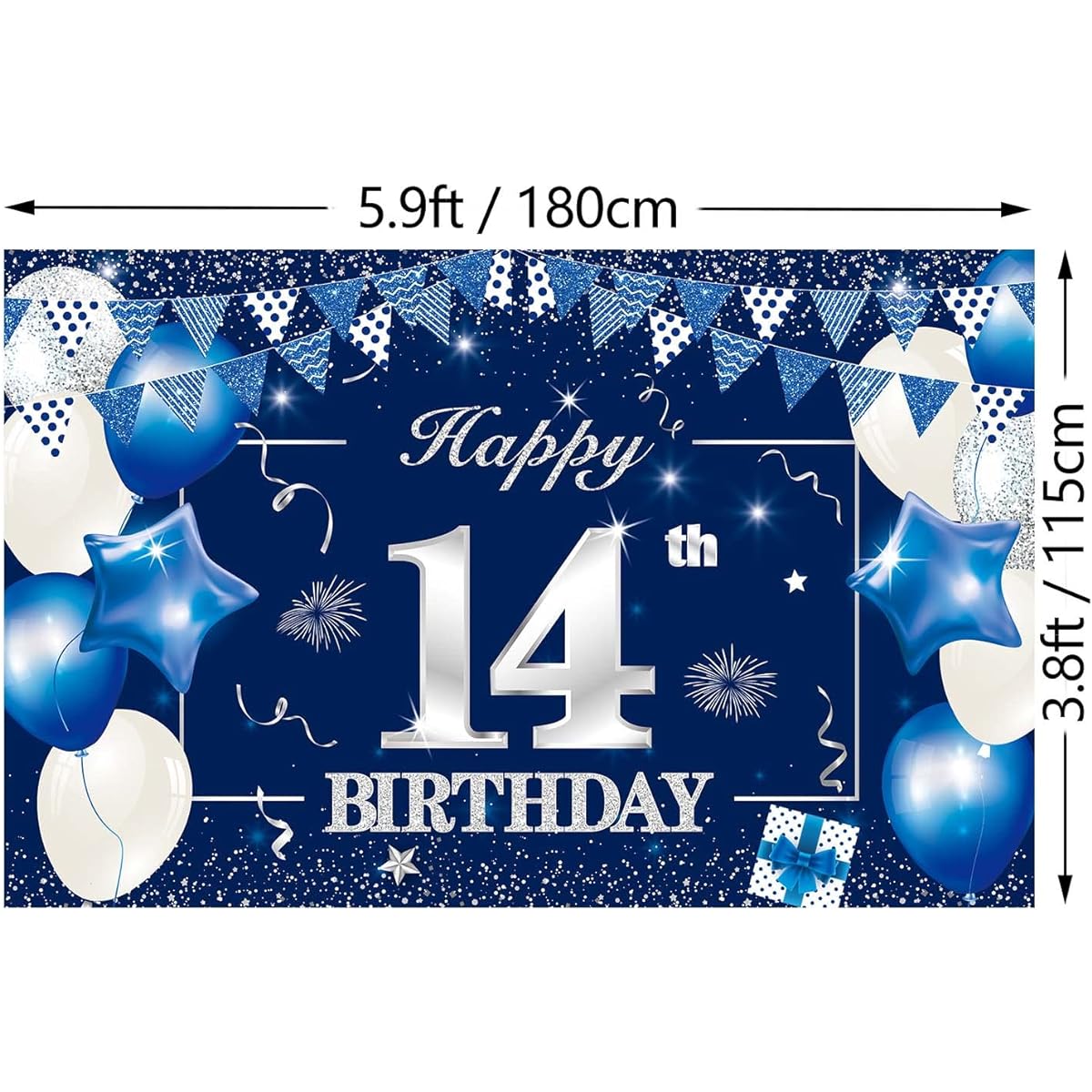 P.G Collin Happy 14th Birthday Banner Backdrop Sign Background, 14th Birthday Party Decorations Supplies for Boys/Girls 6 x 4ft Blue Silver