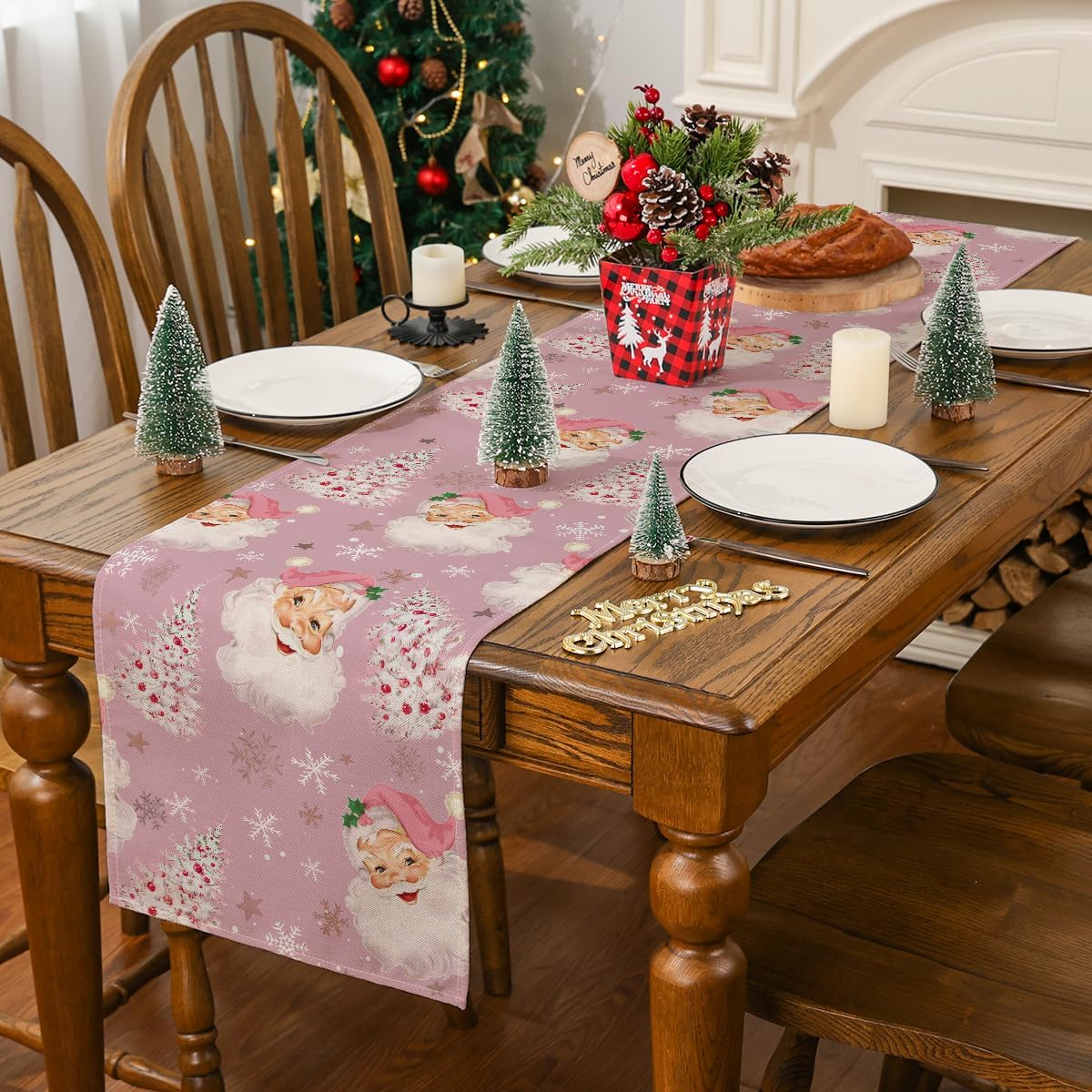 Siilues Christmas Table Runner Santa Claus Christmas Decoration Pink Christmas Runner for Table Seasonal Winter Holiday Indoor/Outdoor/Dining Table Decoration (13" x 72")