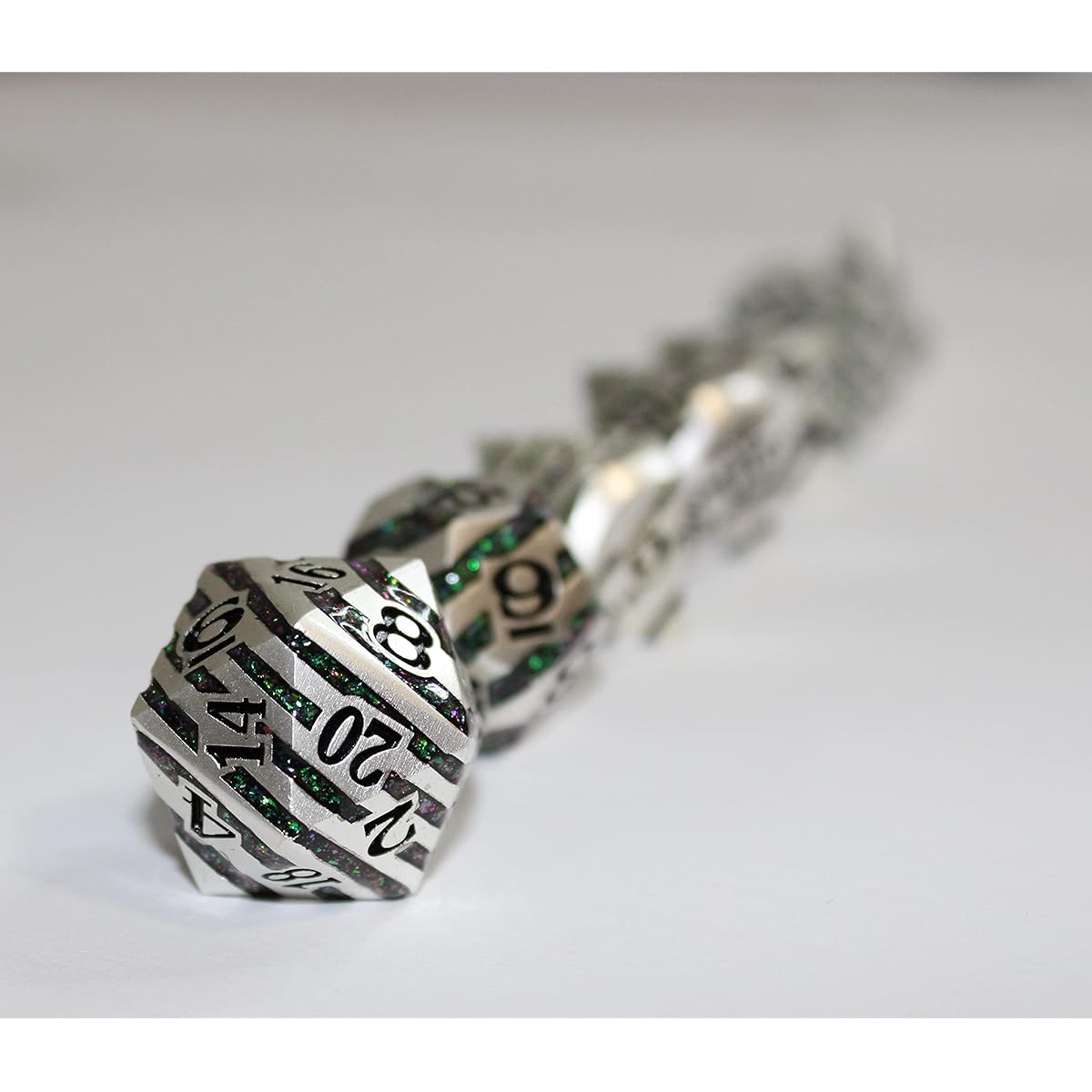TINY GREMLIN Dice Dwarven Mining Dungeons & Dragons Dice Metal Swirl with Green Glitter Antique Silver