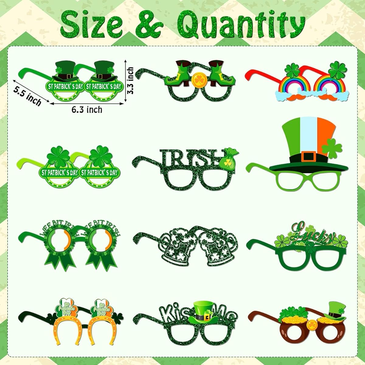 Leesgel St. Patrick's Day Glasses for Party Gifts, 12pcs St. Patrick's Day Shamrock Decorative Accessories for Funny Irish Costume Photo Booth Props Party Supplies