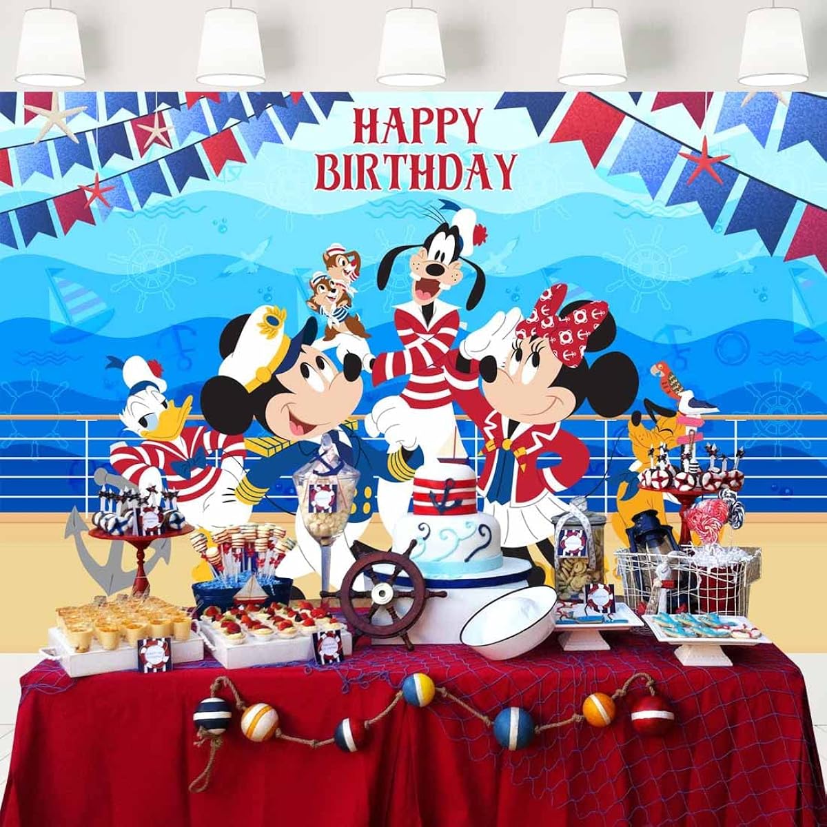 426 Mickey Minnie Nautical Backdrop Birthday Party Captain Cruise Boarder Cartoon Nautical Theme Background for Boys Girls Party Decorations 7x5ft