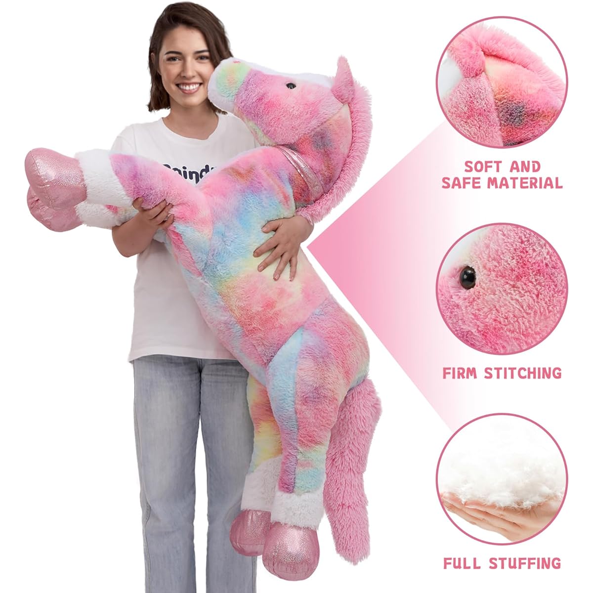 MaoGoLan Giant Horse Plush Toy 47.5 Inch Colorful Painting Large Stuffed Animals Big Horse Pony Plush Pillow Gifts for Kids and Adults Valentine's Day Christmas Birthday (Tie-dye Pink)