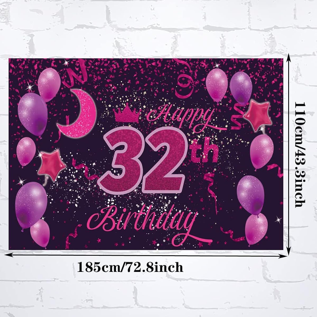 Sweet Happy 32th Birthday Backdrop Banner Poster 32 Birthday Party Decorations, 32nd Birthday Party Supplies, 32 Years Old Photo Background for Girls, Boys, Women, Men - Pink Purple 72.8 x 43.3 Inch