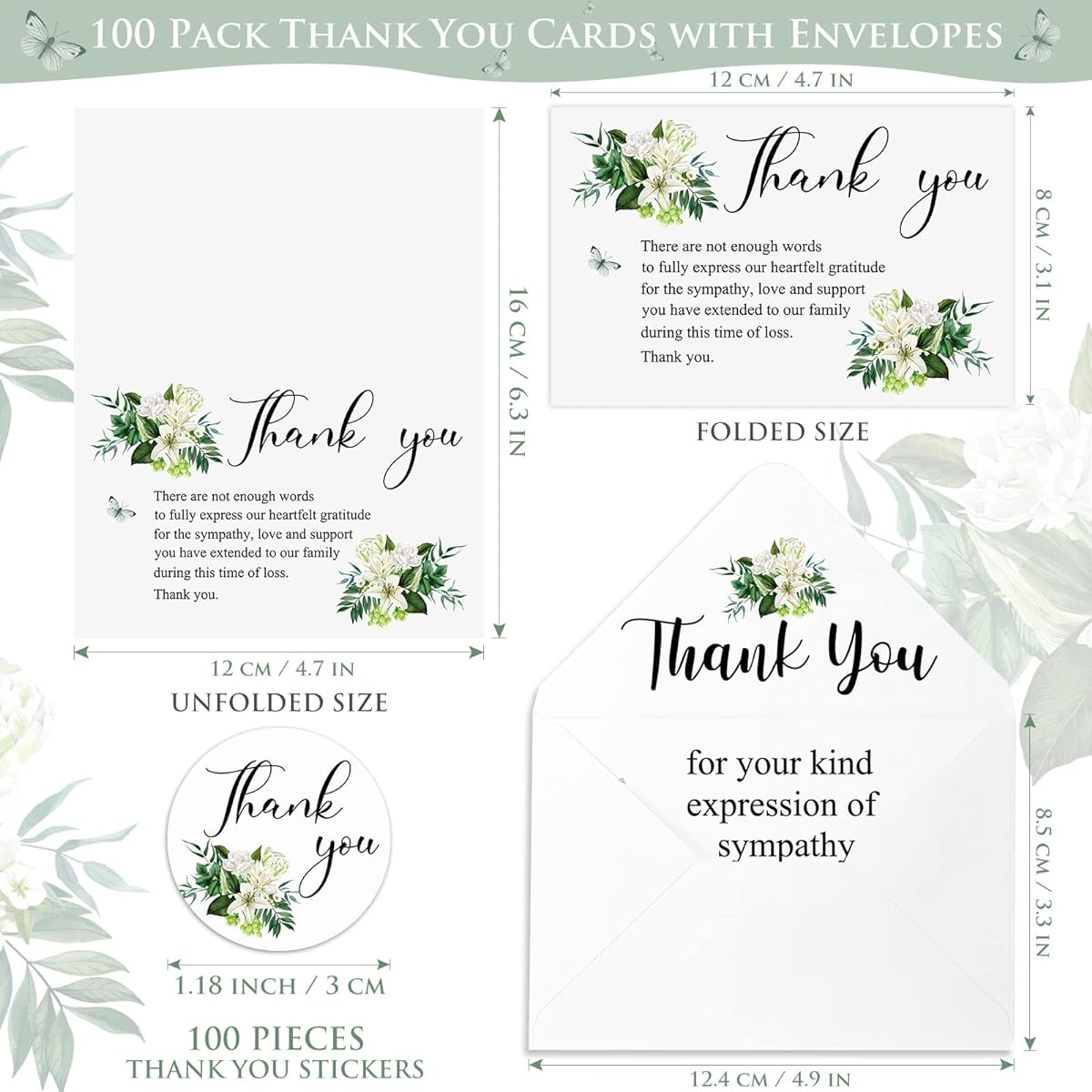 100 Sympathy Cards Set with Envelopes and Messages, Memorial Cards, Bereavement Cards with Stickers, Funeral, Family Celebration for a Loved One (Lily)