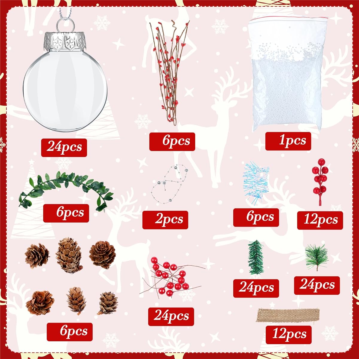 Syhood 111pcs Christmas Clear Plastic Fillable Ornament Balls Set, 24 DIY Fillable Christmas Ornament Balls, 87 Mini Christmas Ornaments DIY Crafts Christmas Tree Decorations