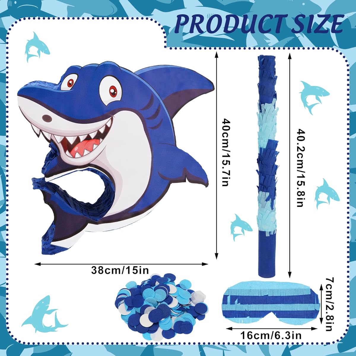 Whaline Shark Party Pinata Set with Blue Sticks, Blindfold, Confetti, Blue Shark Pinata, Small Ocean Themed Pinata for Summer Birthday Anniversary Celebration Party Favors Game Decorations