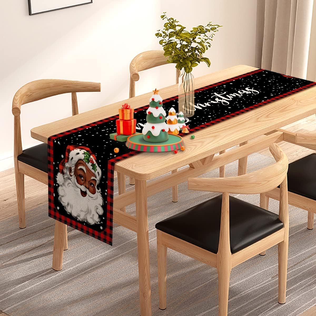 Pudodo African American Christmas Table Runner Black Santa Buffalo Check Christmas Holiday Party Kitchen Dining Home Decorations(13" x 90")