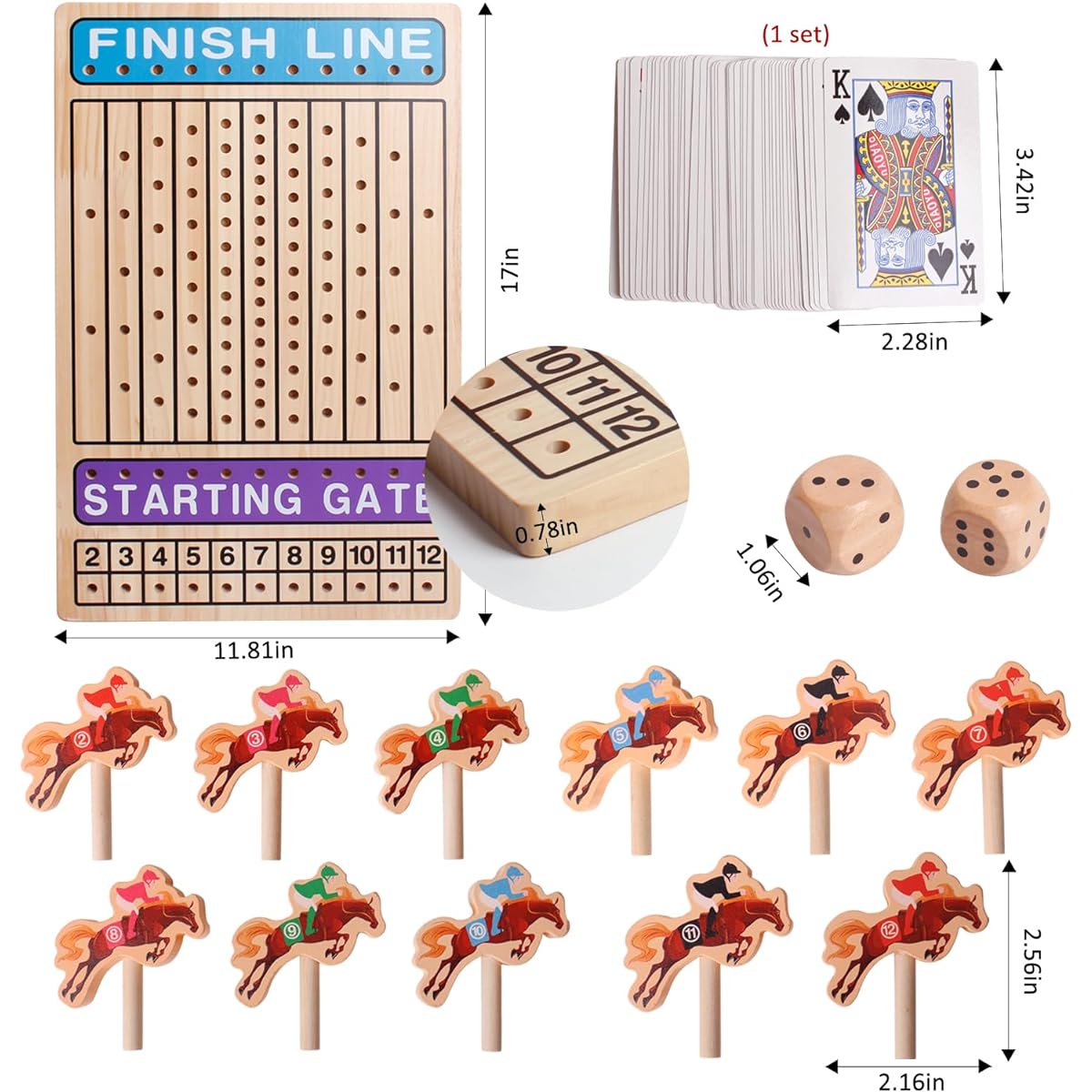 Horse Racing Game Wooden Challenge Toy Poker Board Game with Sturdy Horse Dice and 11 Cards for Kids Family Game Brain Teaser Gambling Game Chess