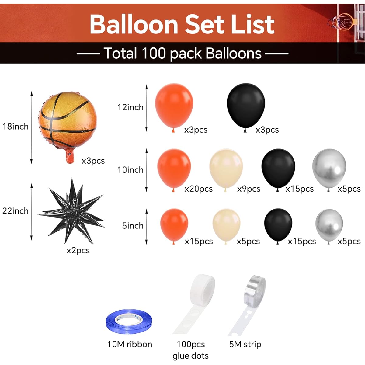Basketball Balloon Arch Garland Kit 100 Pieces Basketball Party Balloons Orange Black Balloon Garland for Boys Birthday Party Sports Party Gender Reveal Graduation with 4D Starburst Balloons