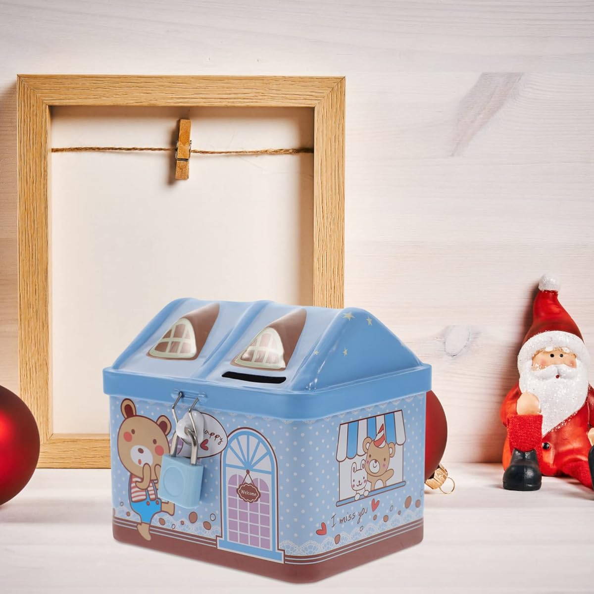 Toyvian Piggy Bank Cartoon House Money Box Iron Metal Coin Bank for Kids with Lock Savings Container Cash Holder for Boys Girls Holiday Birthday Blue
