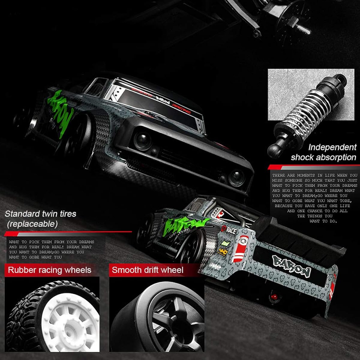 fisca 1/16 Remote Control High Speed Car 4WD RC Drift Racing Car High Speed 20MPH Truck 2.4Ghz Off-Road 4X4 Buggy Car Speed & Steering Control Vehicle Toy with Light for Kids and Adults