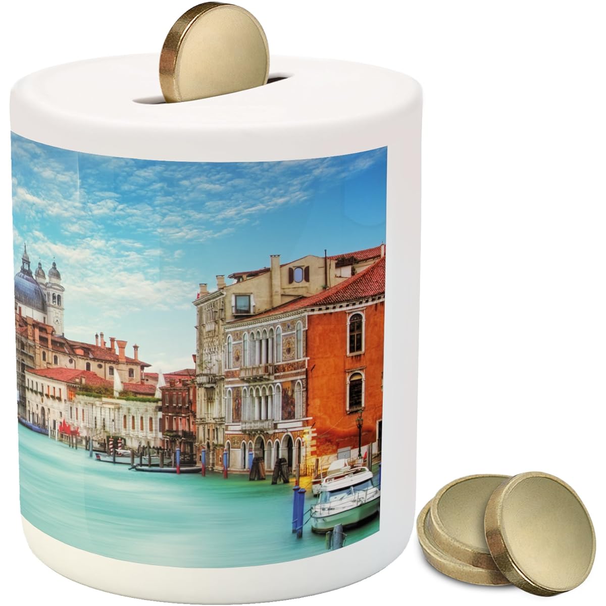 Ambesonne Italy Piggy Bank - Print of Images of the Grand Canal of Venice, Italy and Historic Architecture - Ceramic Coin Bank - Piggy Bank - Turquoise, Orange, Blue