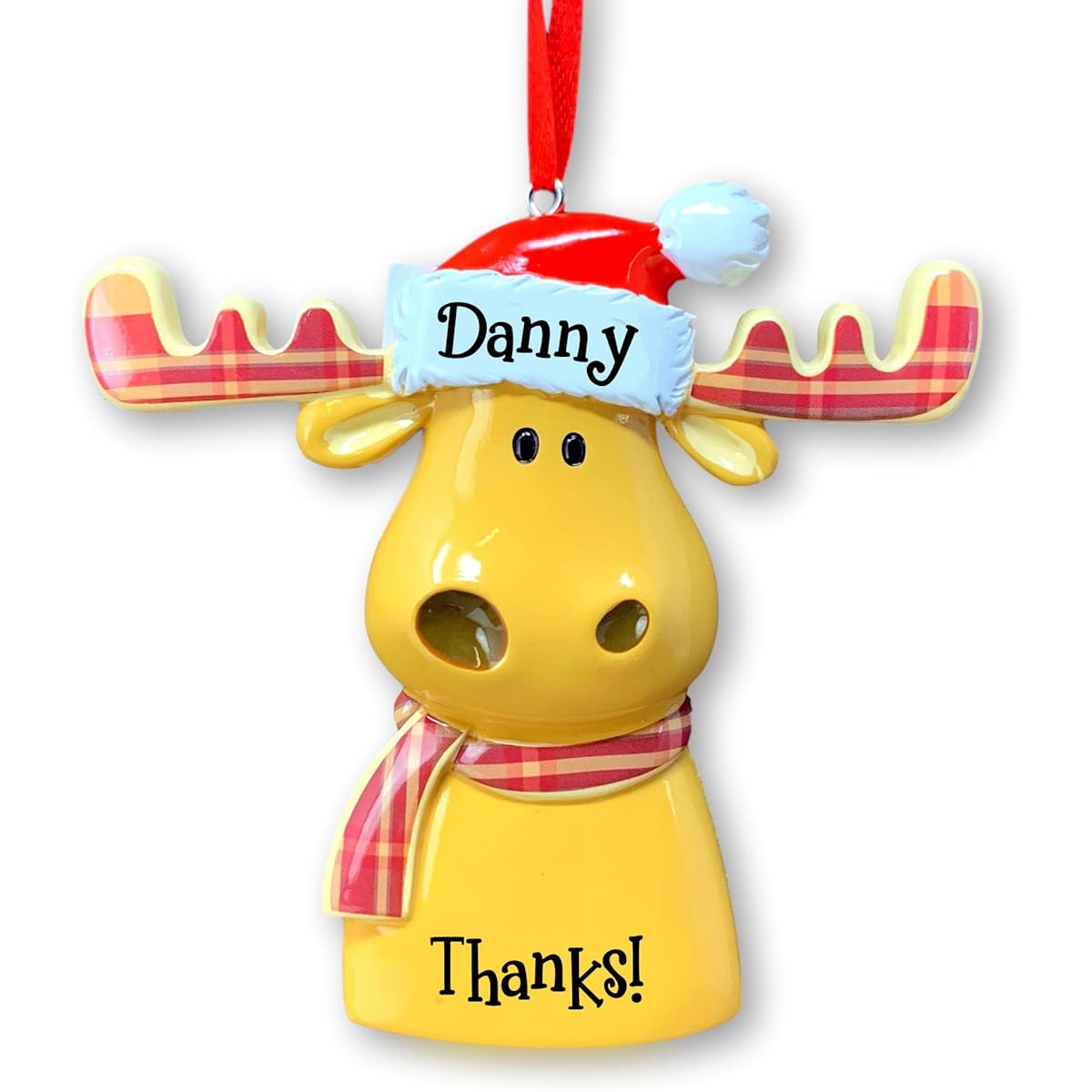 PolarX Reindeer with Plaid Antlers and Scarf Christmas Ornament - Customizable with Name and Date