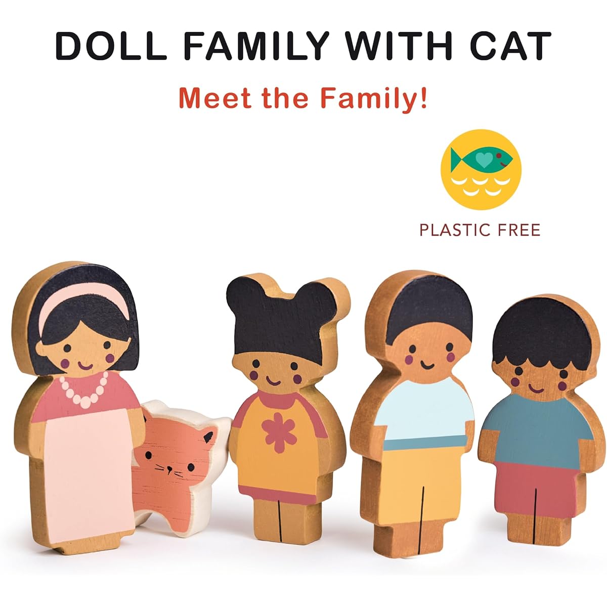 mentari Doll Family with Cat - Enhances Creative Storytelling Dollhouse with Artisan Wooden Dolls - Adventures Await with This Adorable Dollhouse Family - For Ages 12M and Up
