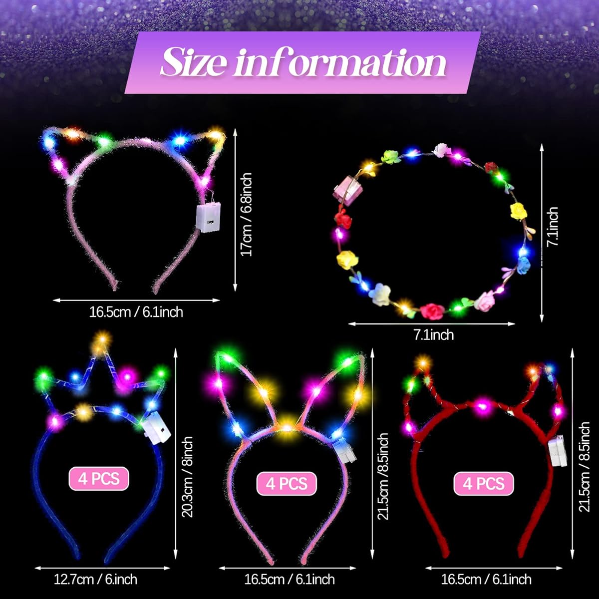 50pcs LED Cat Ear Headbands Bulk Light Up Flower Headbands Glow Crown Bunny Ears Hairband Luminous Head Accessories for Adults Kids Christmas Glow in the Dark Party Supplies