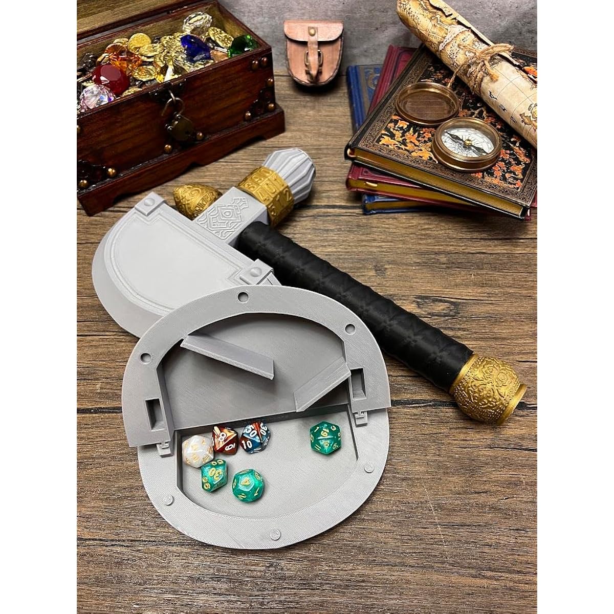 MunnyGrubbers - Ax Dice Holder & Dice Tray with Health Tracker - (7 Random D20 Dice Set Included) - Tabletop Role Playing Game - Dice Storage - Dice Roller - DND - Dungeons & Dragons - (Silver)