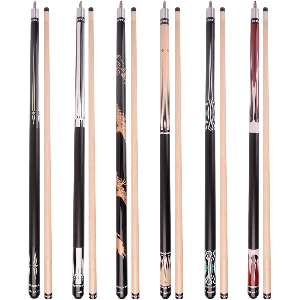 AB Earth Pool Cue Stick Billiards 2 Piece 58 Inch Set of 6 House Bar Pool Sticks with Screw-In and Glue-On Tips