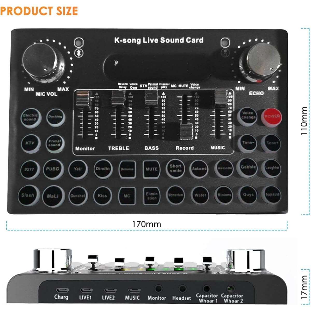 SOONHUA Audio Mixer Bluetooth Mini Sound DJ Mixer Board Universal Voice Changer External Live Sound Card with 18 Sound Effects for Karaoke Singing for Mobile Phone Laptop Computer Game Live Streaming