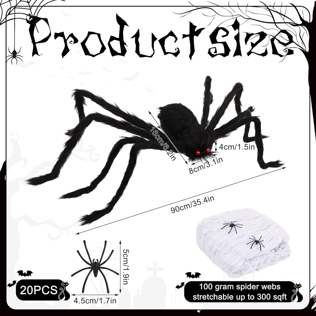 BINBE Halloween Spider Set 22pcs - 35inch Giant Fake Spider with Red Eyes, 20 Tiny Spiders, Soft Cobweb, Scary Spiders for Outdoor Indoor Halloween Decorations