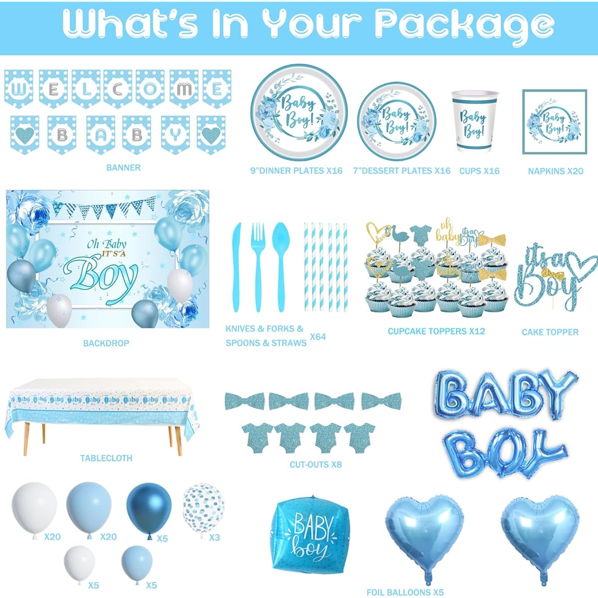 Hombae Baby Shower Decorations for Boy, Blue Baby Shower Decorations Its a Boy Backdrop, Balloons, Garland, Banner, Box, Cutouts, Tablecloth, Cake, Cupcake Toppers, Plates, Napkins, Straw Cups, Knives, Forks, Spoons, 221pcs