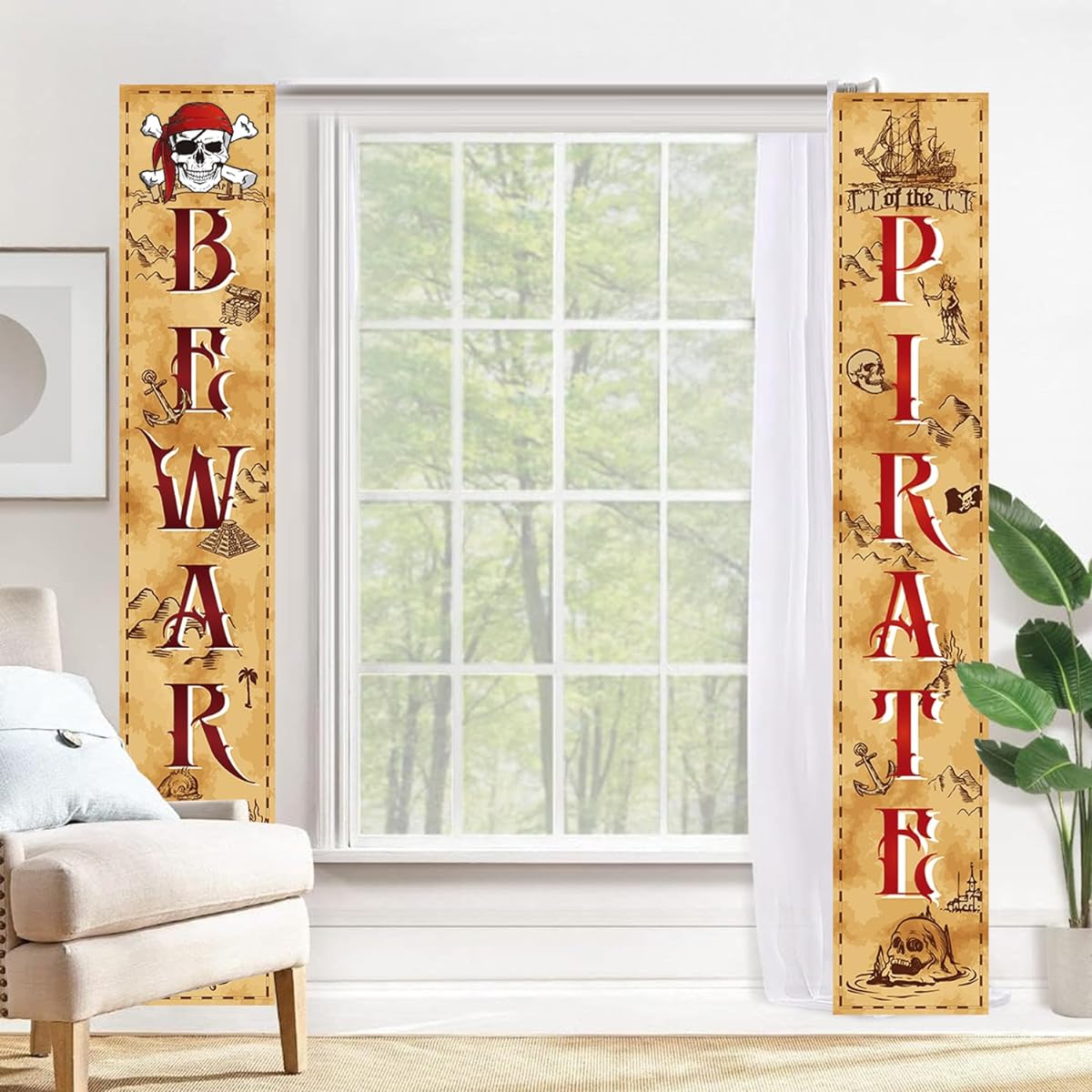 Beware of The Pirate Door Banner Porch Sign Backdrop for Birthday Party