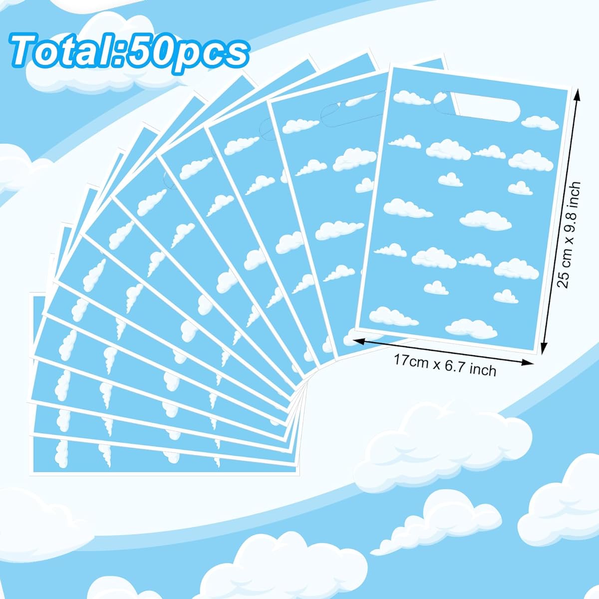 Pasimy 50pcs Blue Sky White Cloud Gift Bags Blue Sky Treat Party Bags Cartoon Candy Bags Plastic Wrapping Party Favor Bags with Handles for Boys Girls Baby Shower Supplies Kids Birthday Party Favors
