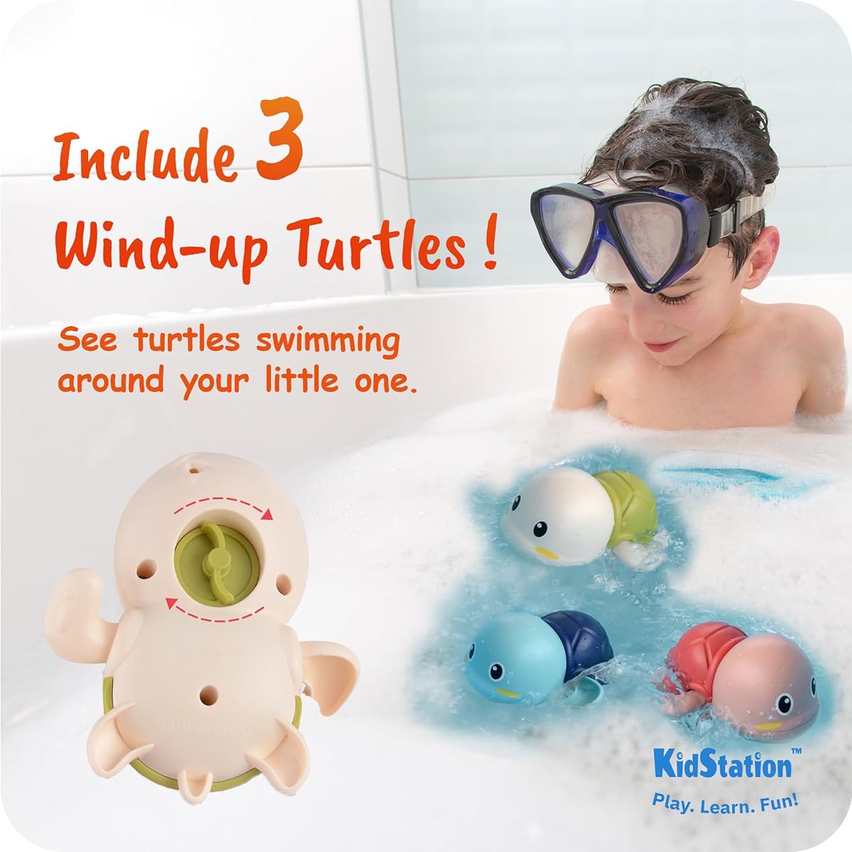 KidStation - 3 Wind Up Swimming Turtles + Monkey Bathtub Bath Toy with Swivel Eyes - (1-3 years, 2-4 years, 3-4 years, 4 years, Kids 4-8 years)