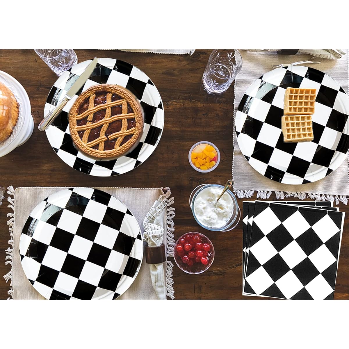 50 Pieces Plaid Race Party Supplies Plate Cups - Racing Car/Dirt Bike/Motocross Theme Party Decorations Supplies Black White Check Plate Cups