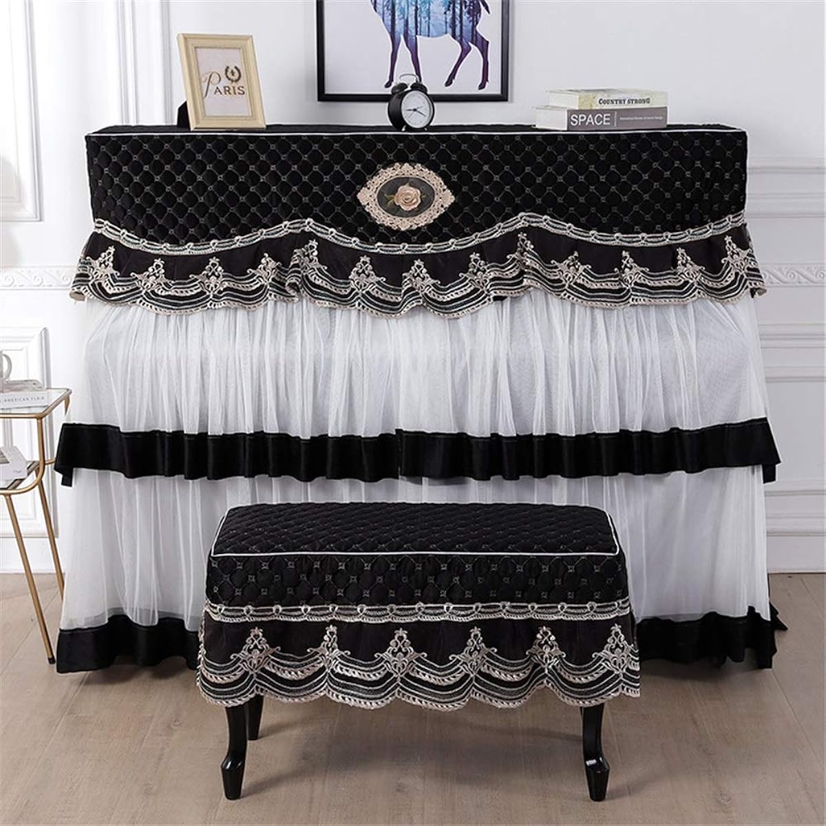 Musical Instrument Store Piano Cover High-end Mesh Piano Cover Full Cover Piano Cover Piano Stool Cover Elegant Feel (Color: Black, Size: Universal)