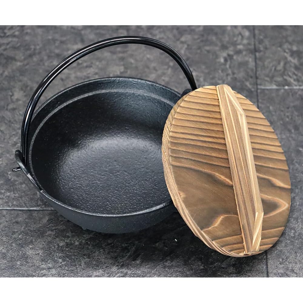Asahi Nanbu Iron Pot, Irori Pot, Outer Diameter 15cm, 1 vine, with wooden lid (gas/IH compatible), commercial use item