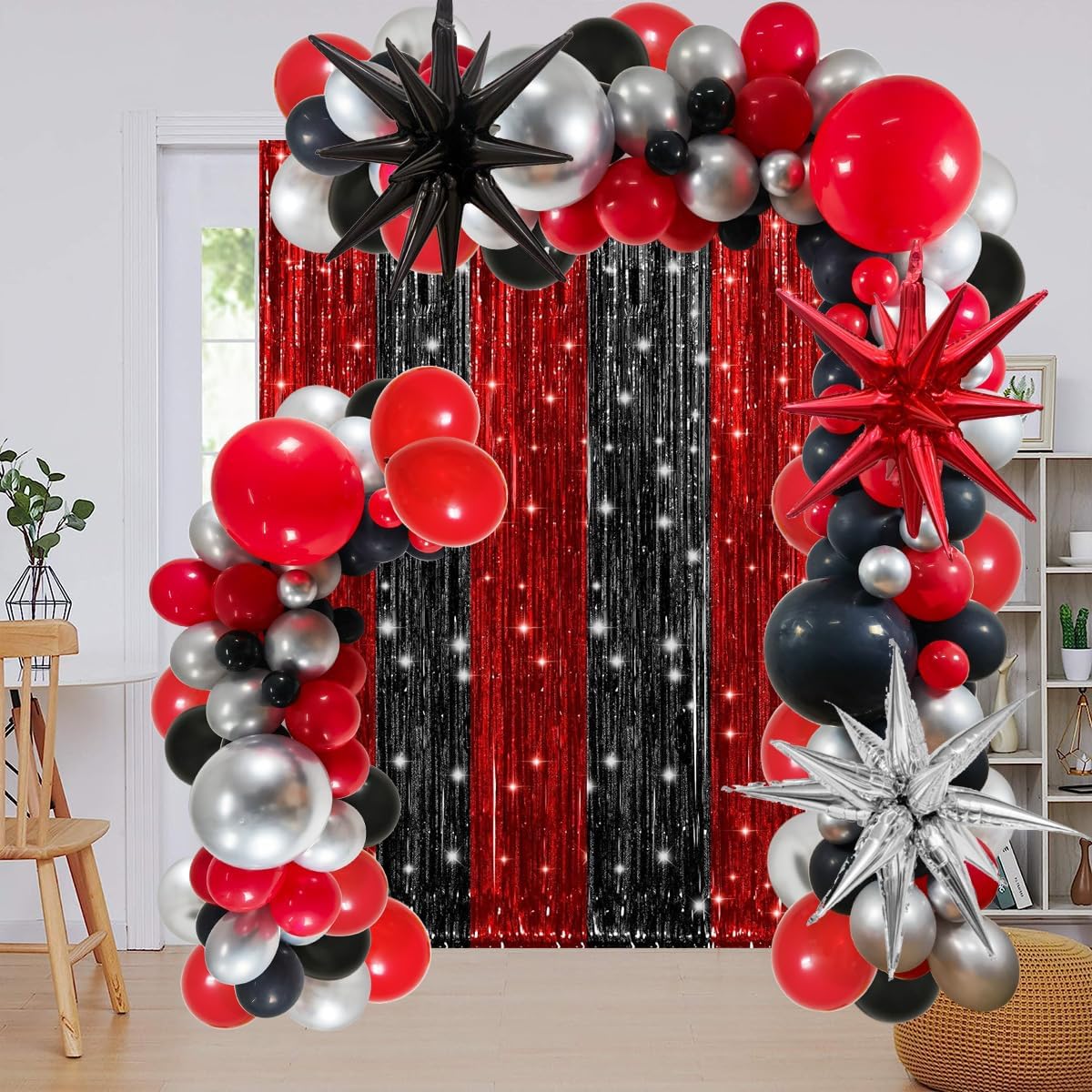black and red silver birthday party balloon arch decoration