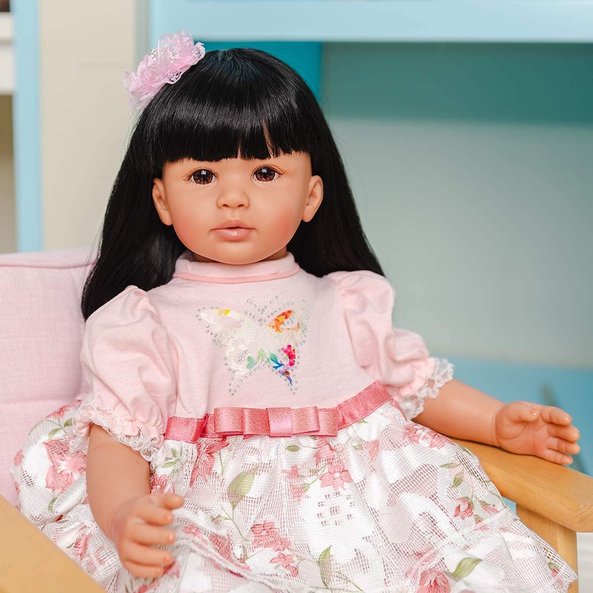 Pinky Reborn Toddler Baby Girl Doll Princess Long Hair 24" 60cm Lifelike Baby Doll Soft Silicone Vinyl Brown Skin Doll for Kids Birthday Christmas Gift