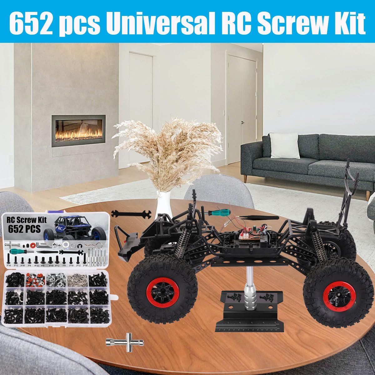 RC Car Stand and 652pcs RC Screw Kit RC Car Work Stand Repair Workstation RC Hardware Kit Universal RC Car Screw Tool Assortment Kit and Portable RC Repair Stand for 1/8 1/10 1/12 1/16 Scale RC Car