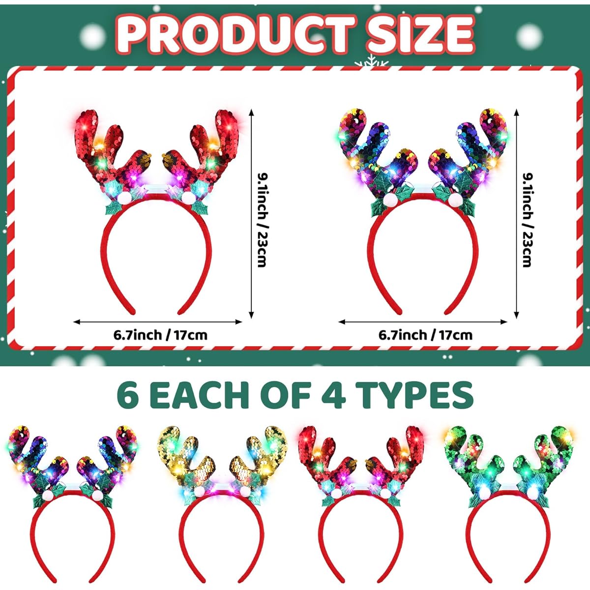 Wettarn Christmas Light Up Headbands, LED Reindeer Christmas Headbands, Christmas Antler Headbands, Christmas Reindeer Ears Hairbands for Women Kids Adults Christmas Cosplay Party Favors, 24pcs (Shiny)