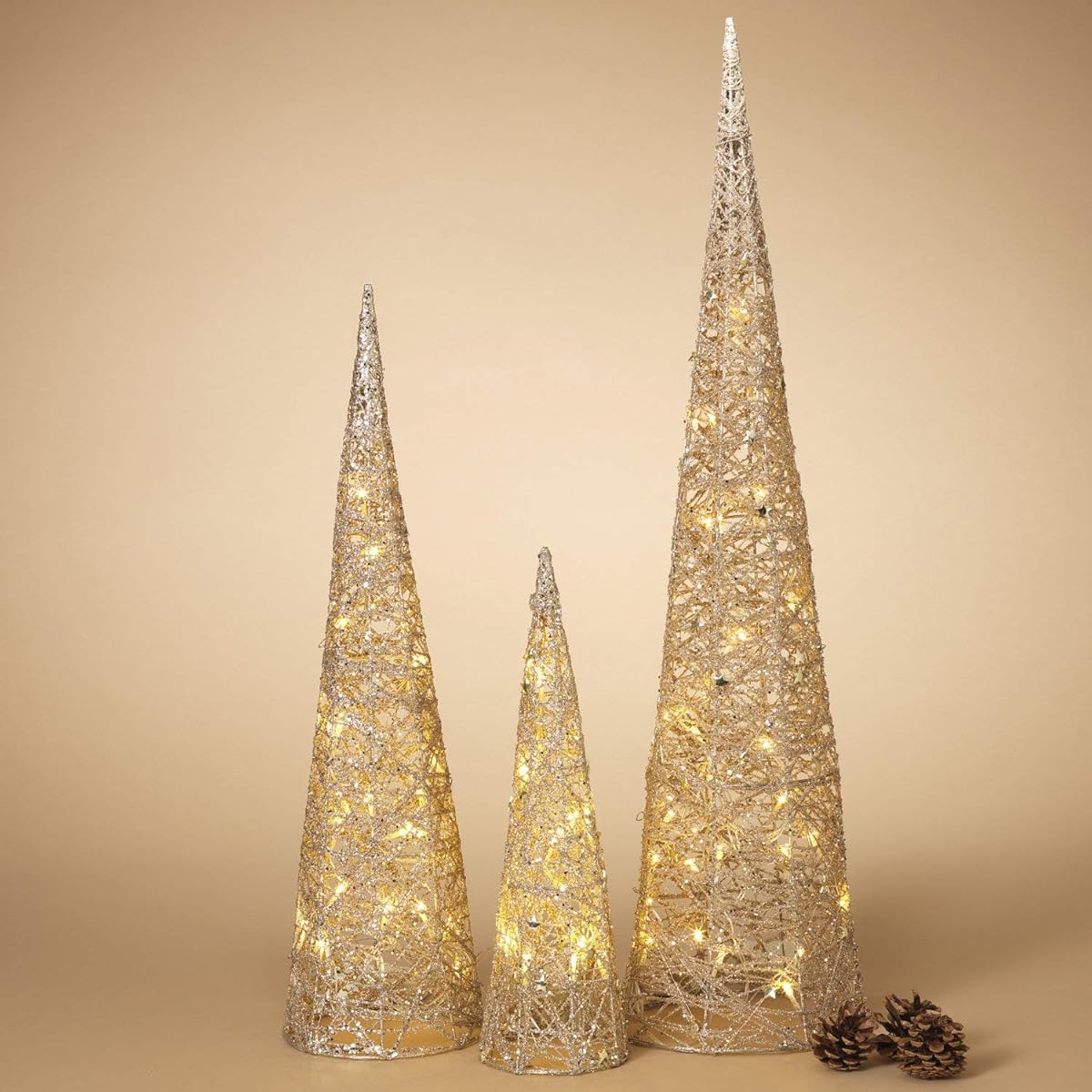 Set of 3 Lighted Gold Glitter Cone Christmas Trees - Light Up Holiday Decorations