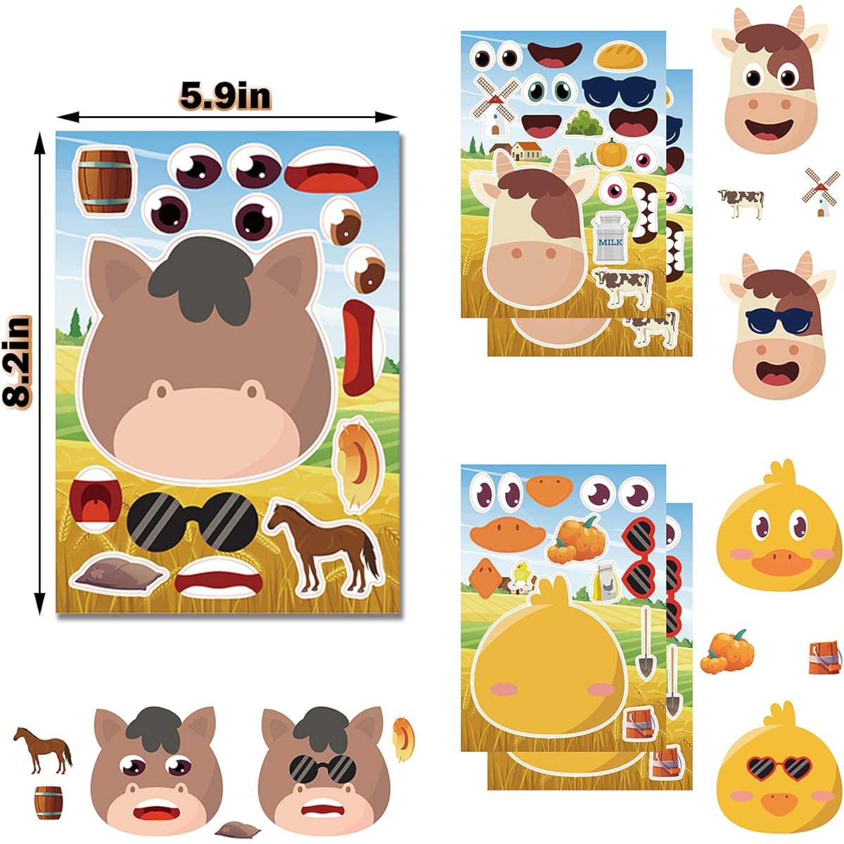 24 Sheets Make a Face Stickers for Kids DIY Puzzle Stickers Crafts Children Birthday Party Favors Exchange Gifts (Farm Animals)