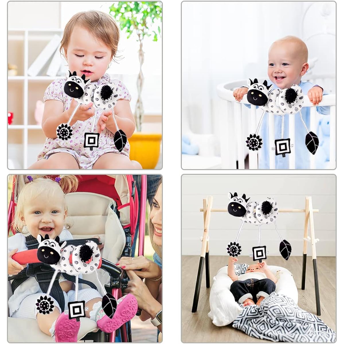 vocheer High Contrast Baby Toys Newborn Black and White Hanging Toys Car Seat Crib Moving Animal Circle Plush Stroller Toy Squeak Travel Activities Wind Chime 0-6 Months (Cow)